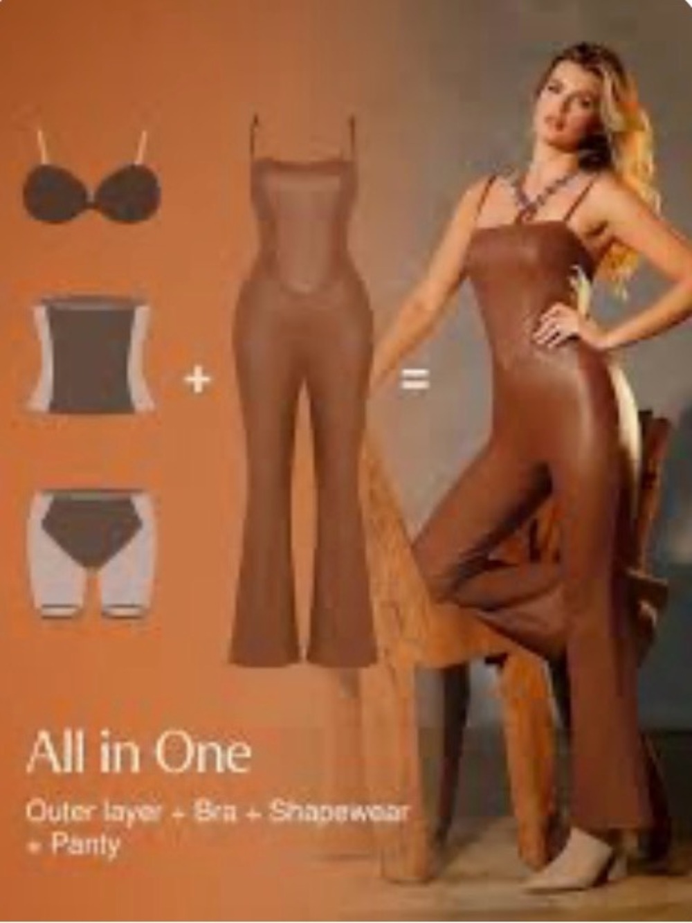 Popilush sz XS Faux Leather Brown Jumpsuit with Strappy Neckline nwt - Picture 7 of 15